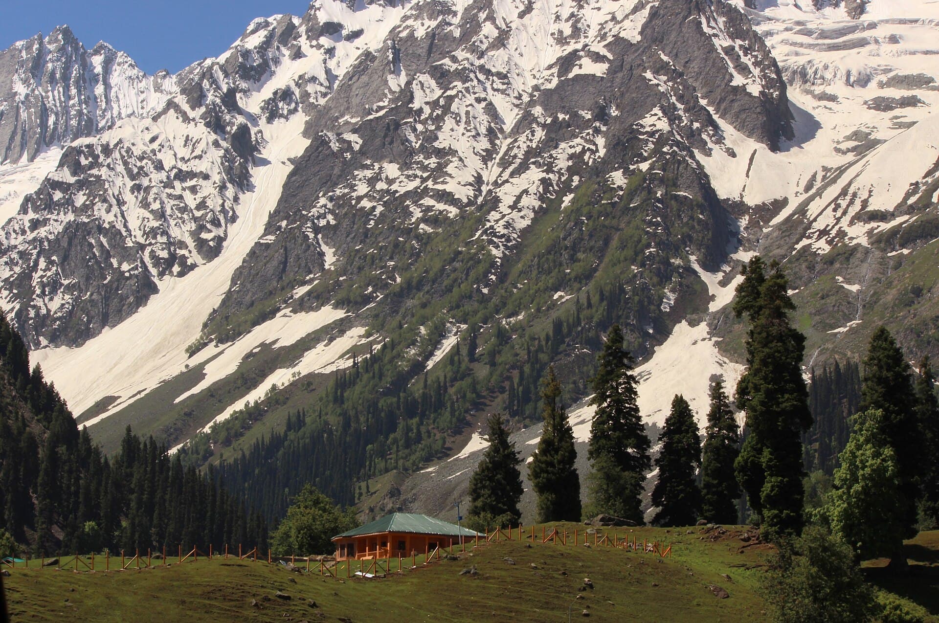 Its a picture of a house in Sonmarg, Kashmir, surrounded by surreal views